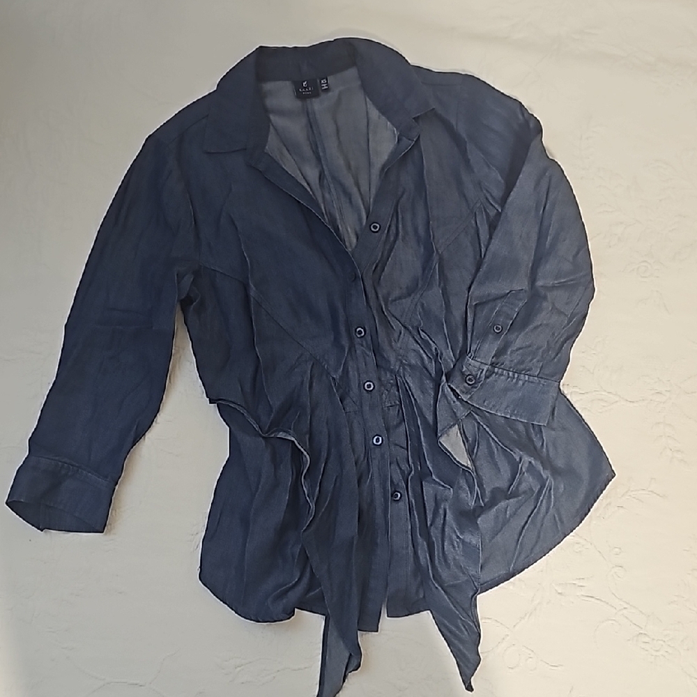 Kaari Blue Super Soft Feel Denim Button Up Waist Tie Detail Shirt Sz XS